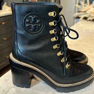 Tory Burch Mixed Material Lug Sole Boots Black Size 8